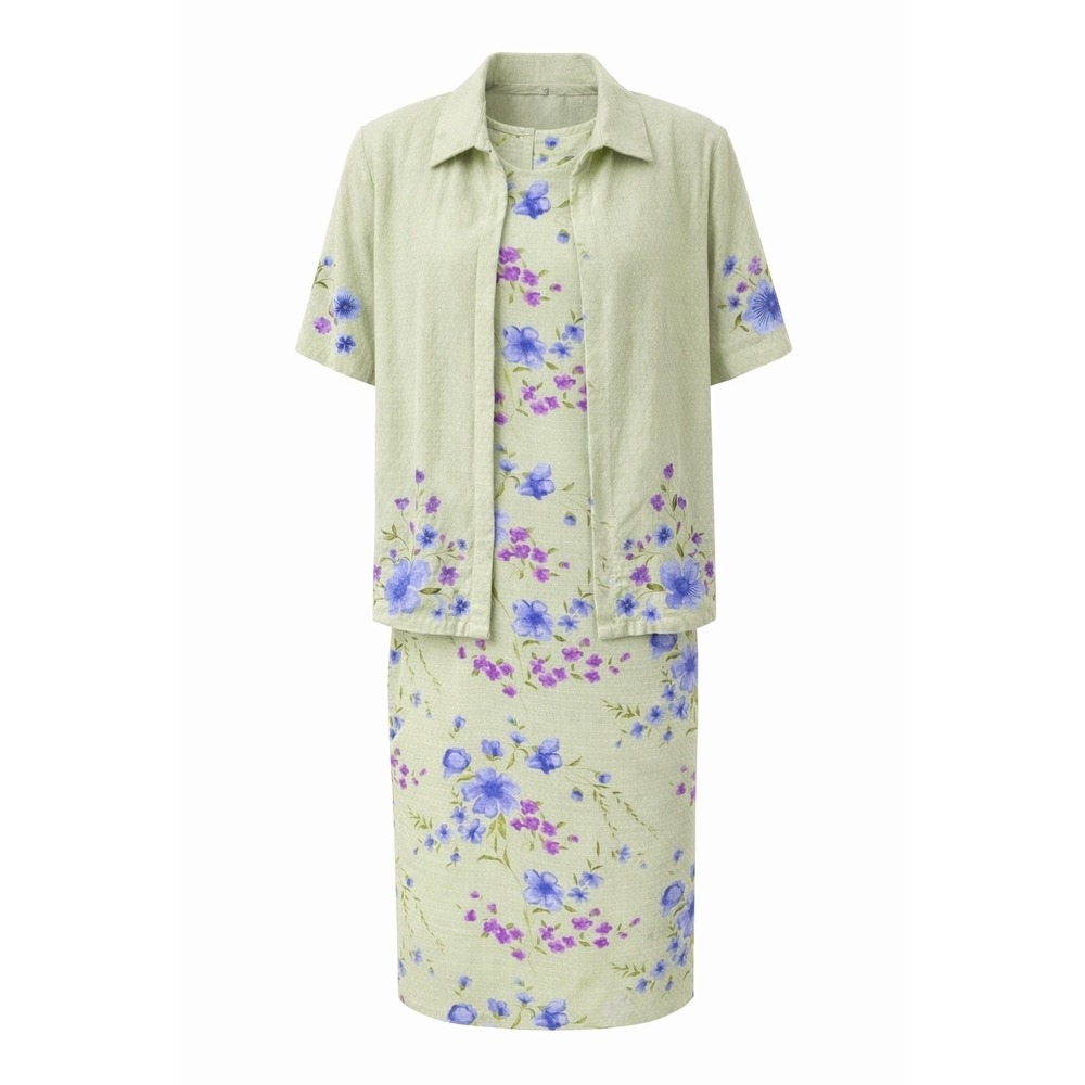 Sarah Elizabeth Sage Green Floral 2 Piece Dress Jacket Set Womens 14 Cottagecore